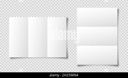 Realistic blank folded paper sheets in A4 size with shadow on checkered background. White notebook page. Design template, mockup. Vector illustration. Stock Vector