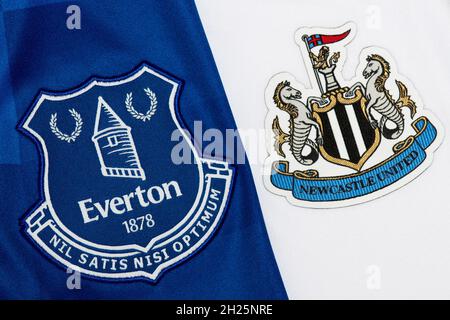 Close up of Everton & Newcastle United club crest Stock Photo