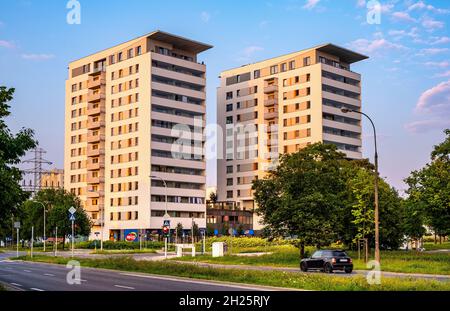 Warsaw, Poland - July 24, 2021: Twin towers od high rise residential project Dereniowa 60 at Dereniowa and Ciszewskiego street junction in Ursynow Stock Photo