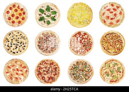 Big set of Italian pizza isolated on white background. Large collection of various pizza. Fresh tasty pizza collage set. Top view Stock Photo