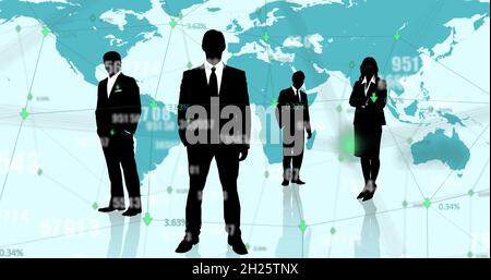 Image of numbers changing with black silhouettes of business people over world map on blue backg Stock Photo