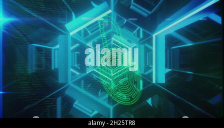 Security padlock icons against glowing moving tunnel Stock Photo