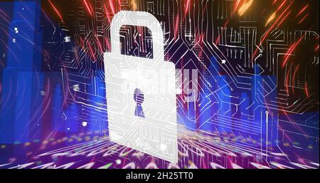 Security padlock icon over binary coding against cityscape Stock Photo