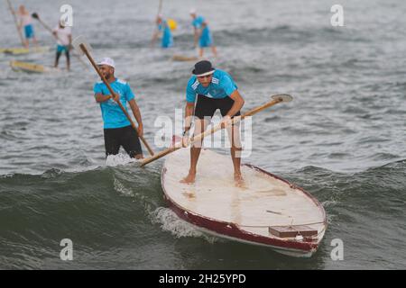 Gaza. 20th Oct, 2021. Palestinians compete during the first water sports (rowing) championship in the Gaza Strip organized by Palestine Sailing and Rowing Federation on the beach of Gaza City, on Oct. 20, 2021. Credit: Rizek Abdeljawad/Xinhua/Alamy Live News Stock Photo