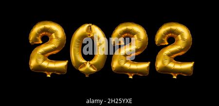 2022 written with golden balloons isolated on black background, new year party web banner