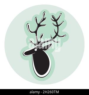 Hand drawing reindeer head silhouette. Side view. Black and white red deer head on light green background. Wapiti logo. Elegant outline minimalism sty Stock Vector