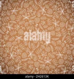 Autumn Illustration with Falling Leaves Pattern on Brown Background. Autumnal Vector Design with Hand Drawn Doodles for Greeting Card, Banner, Flyer Stock Vector