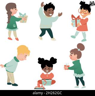 Set of Six Children with Christmas Gift Boxes Stock Vector