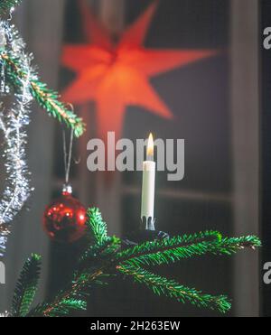Christmas tree with burning candle, Still life Christmas Stock Photo