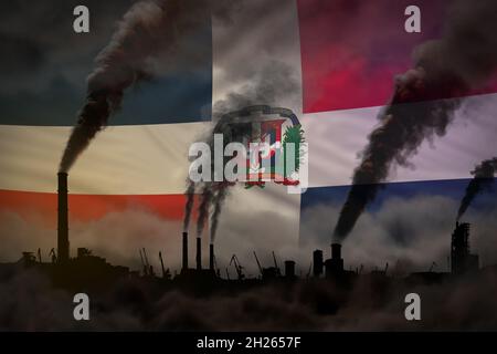 Global warming concept - heavy smoke from industry chimneys on Dominican Republic flag background with place for your logo - industrial 3D illustratio Stock Photo