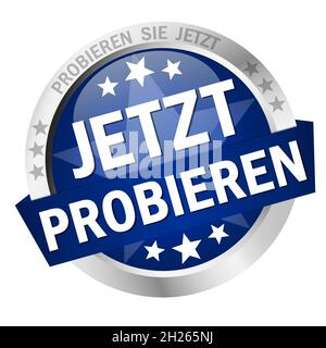 EPS 10 vector with round colored button with banner and text try now (in german) Stock Vector