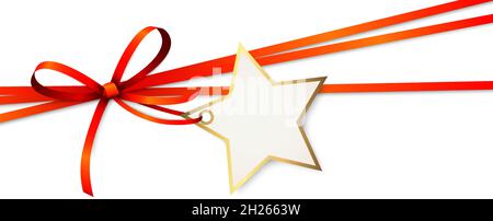 EPS 10 vector illustration of red colored ribbon bow and gift band with shape of a golden star pendant for christmas greetings isolated on white backg Stock Vector