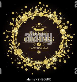 round lightning with dots and sparkle effects colored golden on dark background with Merry Christmas and Happy New Year greetings Stock Vector