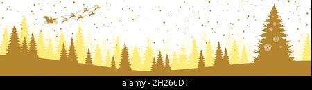 EPS 10 vector file showing christmas time nature landscape background with snow fields, firs, falling flakes, flying santa claus on sled and colored b Stock Vector