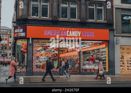 London, UK - October 02, 2021: American Candy Store, one of the largest retailers of American sweets, drinks, chocolates, sodas and groceries in UK, o Stock Photo