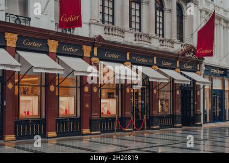 London, UK - October 02, 2021: Facade of the Cartier store on New Bond Street, one of the most famous streets for luxury shopping in London. Stock Photo