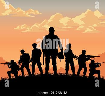 seven soldiers sunset scene Stock Vector