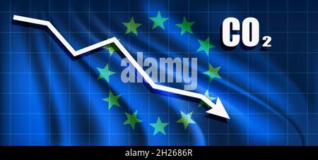 EU reducing co2 carbon dioxide emission graph down european union flag background vector illustration Stock Vector