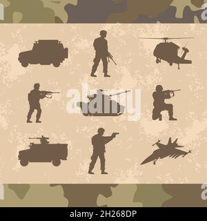 military weaponry nine silhouettes Stock Vector