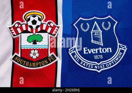 Close up of Southampton and Everton club crest. Stock Photo