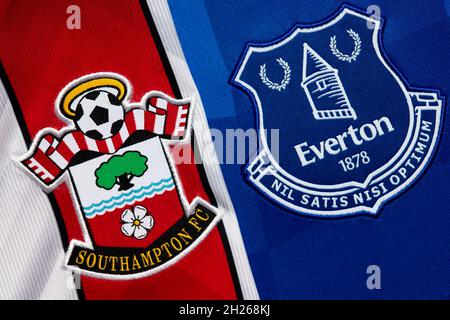 Close up of Southampton and Everton club crest. Stock Photo