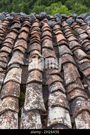 Old weathered ceramic tiled roof Stock Photo