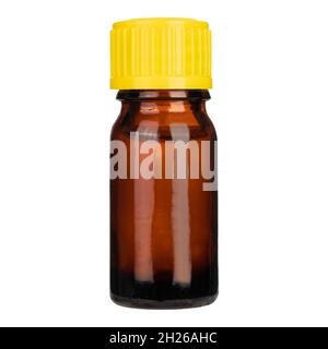 Medicine bottle of amber glass with yellow cap isolated on white background. Mock-up. Stock Photo