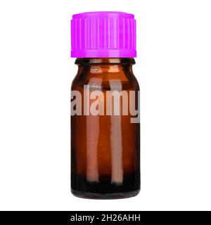 Medical glass Bottle. Medicine bottle of amber glass with pink cap isolated on white background. Mock up. Stock Photo