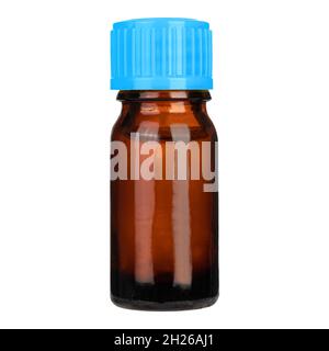 Medical glass Bottle. Medicine bottle of amber glass with blue cap isolated on white background. Mock up. Stock Photo