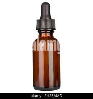 Dropper Bottle Mock-Up. Cosmetic bottle and pipette with essential oil on white background. Amber color pharma grade empty glass bottle with black cap Stock Photo