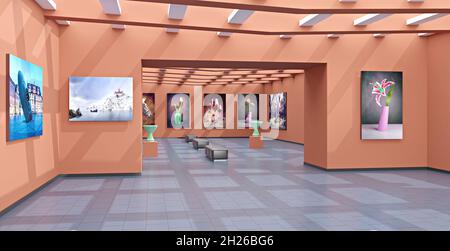 An art gallery with canvas and plastics, 3D illustration Stock Photo