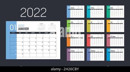 Year 2022 monthly desk calendar, in French language. Vector template. Stock Vector