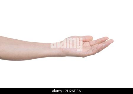 Close-up of male hand open palm up, isolated on white background with clipping path. Stock Photo