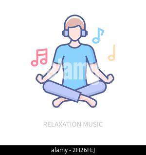 Relaxation music - modern line design style icon on white background. Neat detailed image of man in lotus position with headphones. There are notes ar Stock Vector