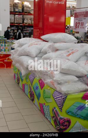 Chisinau, Moldova - October 17, 2021: Inside the Velmart supermarket. Showcase with pillows for sleeping. Stock Photo