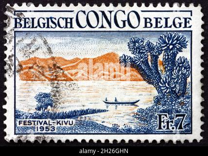 BELGIAN CONGO - CIRCA 1953: a stamp printed in Belgian Congo shows Canoe on Lake Kivu, Kivu Festival, circa 1953 Stock Photo
