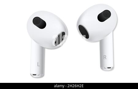 Vinnytsia, Ukraine - October 20, 2021: Apple Airpods 3rd generation wireless headphones. Vector illustration Stock Vector