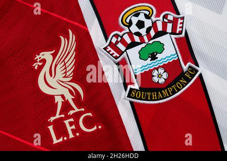 Close up of Liverpool and Southampton club crest. Stock Photo