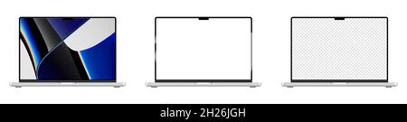 Vinnytsia, Ukraine - October 20, 2021: Set of new model slim Appla Macbook Pro with M1 Max and M1 Pro processor. Laptop mockup with template screen. Stock Vector