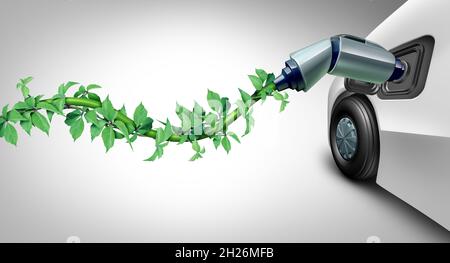 Green car plug-in and EV clean energy electric vehicle battery technology or charging station concept as a symbol with an electric wire shaped. Stock Photo