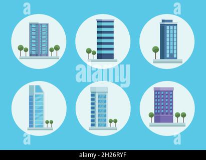 city six buildings icons Stock Vector