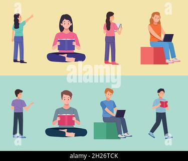 group of eight students Stock Vector