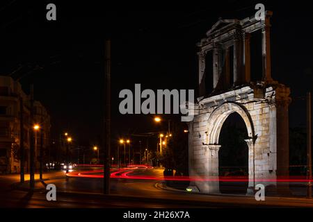 Hadrian Arch in central Athens at night Stock Photo