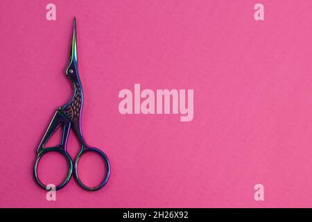 Holographic rainbow heron scissors for needlework with curly handles in the shape of bird, with clipping path on bright pink background Stock Photo