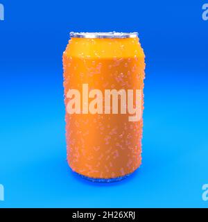 metal can for orange drinks with condensation drops on blue background. 3d render Stock Photo