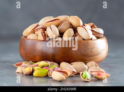 Macro shot of unshelled pile of pistachios on isolated white background. Stock Photo