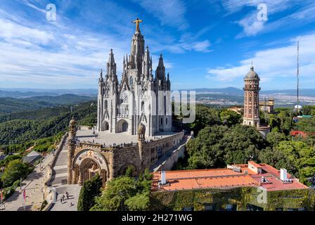 Temple of the Sacred Heart of Jesus - A panoramic aerial view of Temple of the Sacred Heart of Jesus at the summit of Mount Tibidabo, Barcelona, Spain. Stock Photo