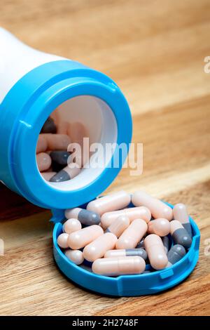 Top view photo of pills, medicines and capsules. Stock Photo