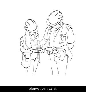 two construction workers with hard hat looking on blueprints illustration vector isolated on white background line art Stock Vector