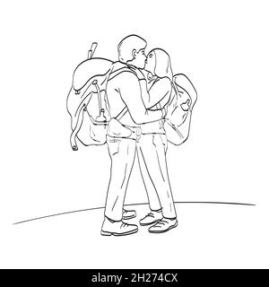 lover couple with backpack kissing illustration vector isolated on white background line art Stock Vector
